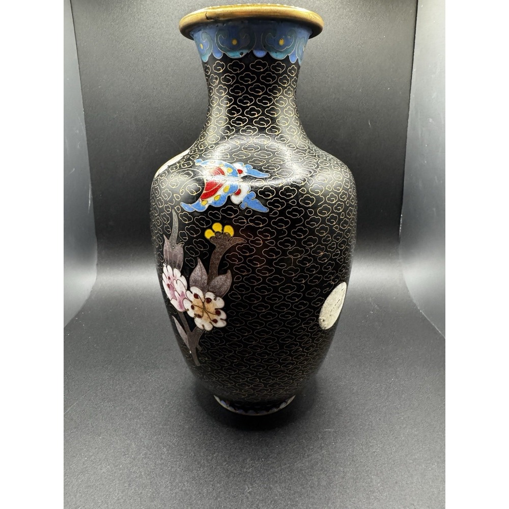 Vintage Brass And Cloisonne Vase China - 8" Flowers Butterfly - Pink & Yellow - Picture 4 of 13